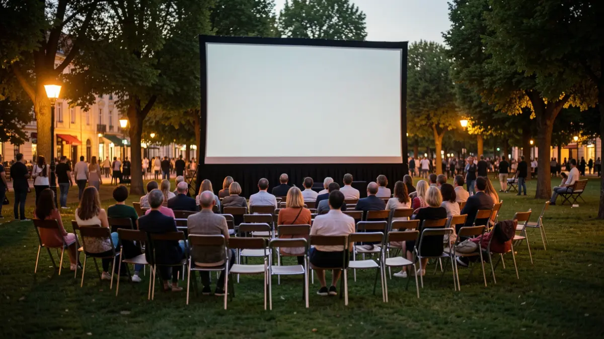 Imagen genérica de una pantalla de cine al aire libre en un parque durante el atardecer.