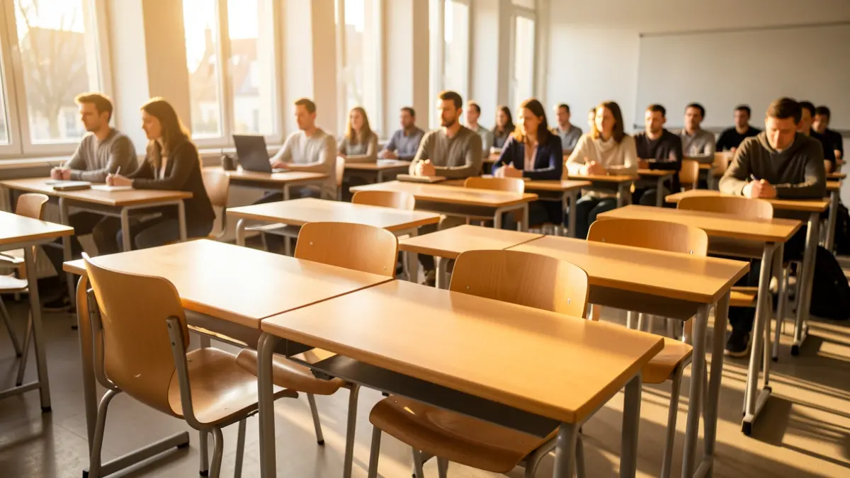 Generic image of an empty classroom with sunlight.