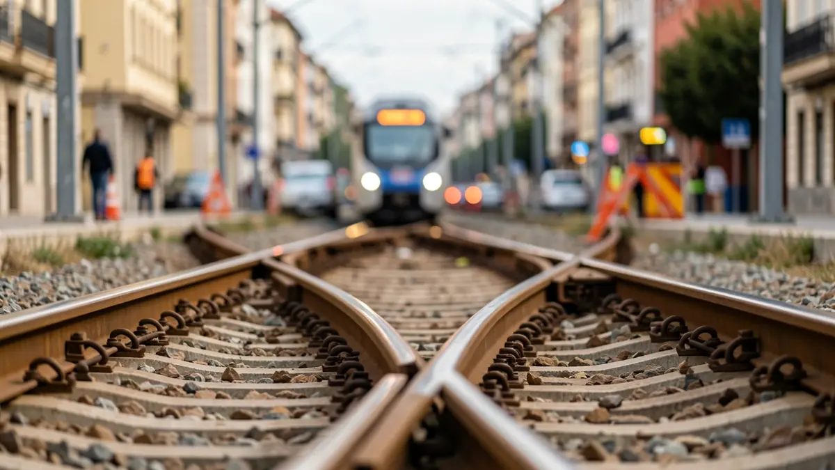 Imagen genérica de vías de tren con luces borrosas, representando obras de infraestructura y movilidad.