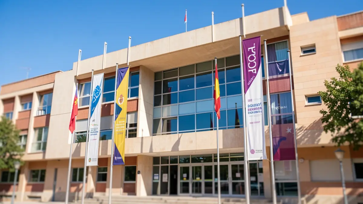 Fachada del Ayuntamiento de Alcorcón con pancartas de intercambio cultural.