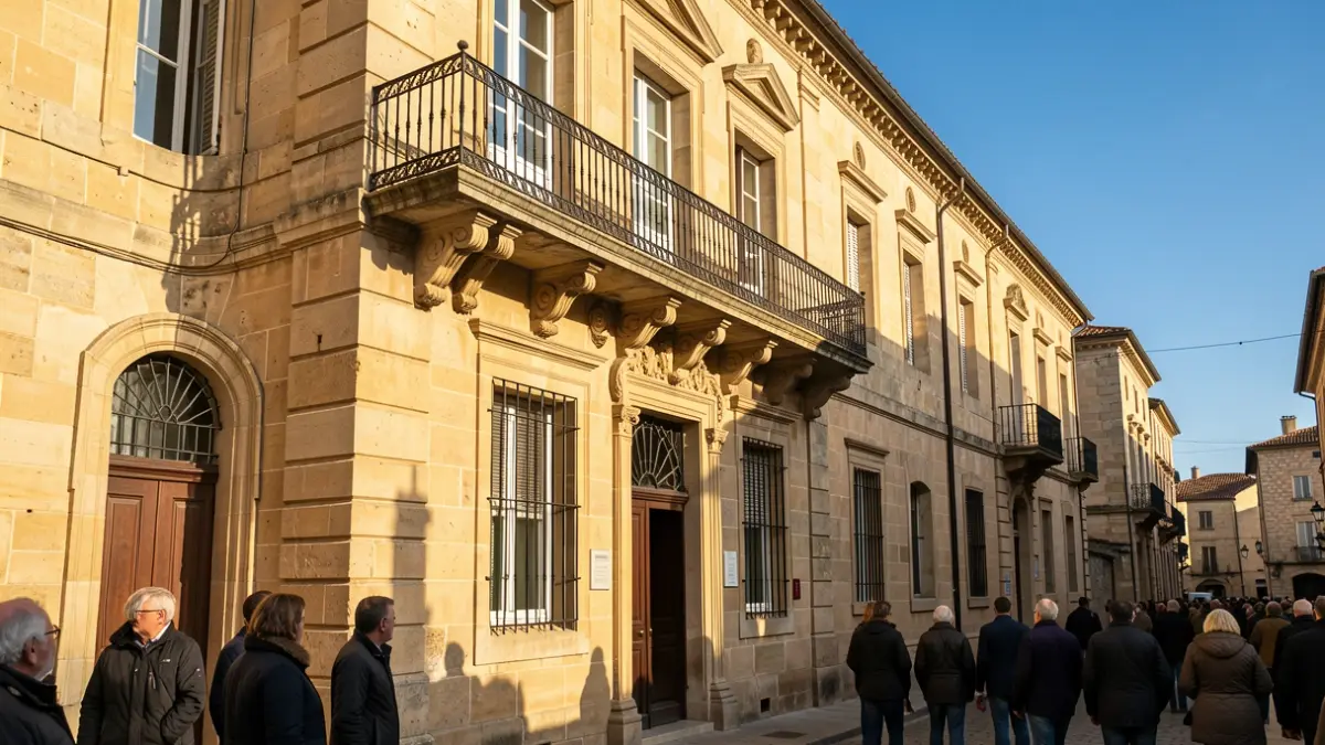 Fachada de un ayuntamiento de piedra con balcón y barandillas de hierro, luz cálida de la tarde.
