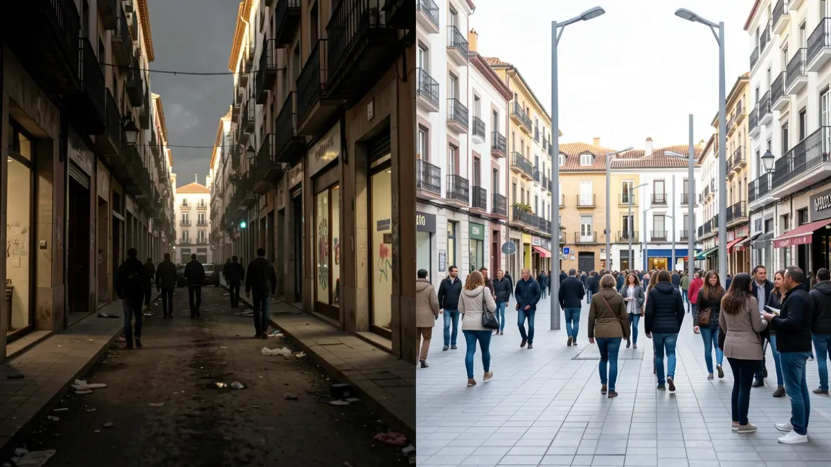 Imagen que contrasta el deterioro urbano con la innovación y limpieza en Alcorcón.