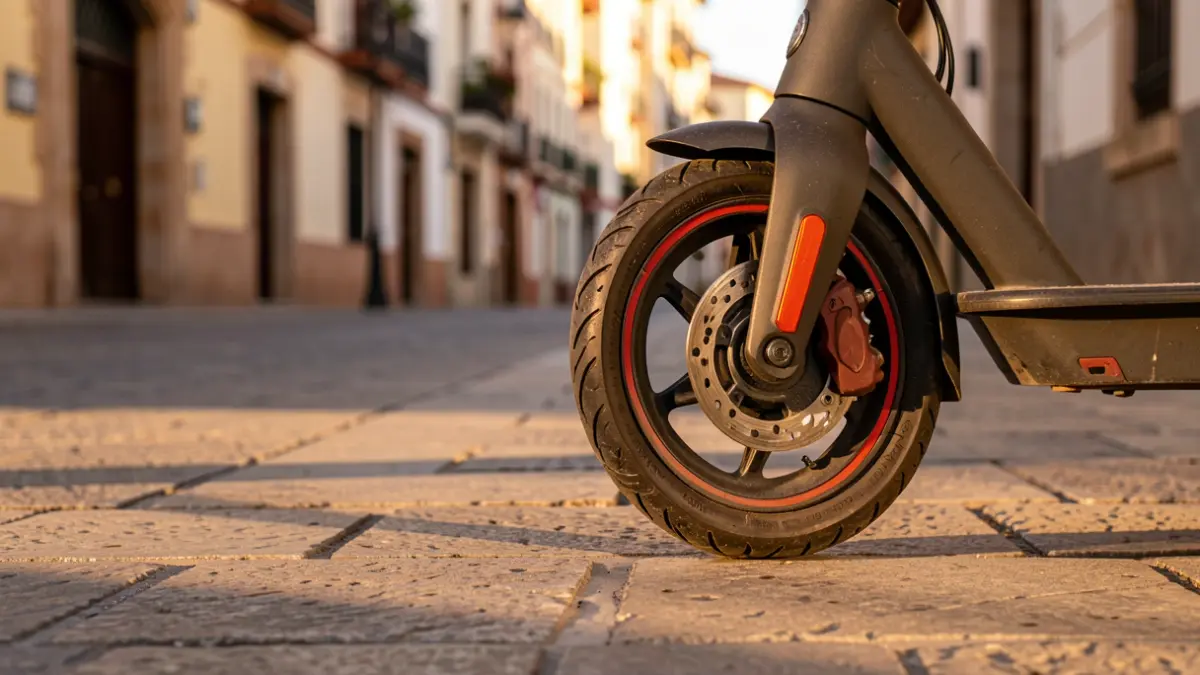 Close-up of an electric scooter wheel parked on a sidewalk in Alcorcón at sunset.