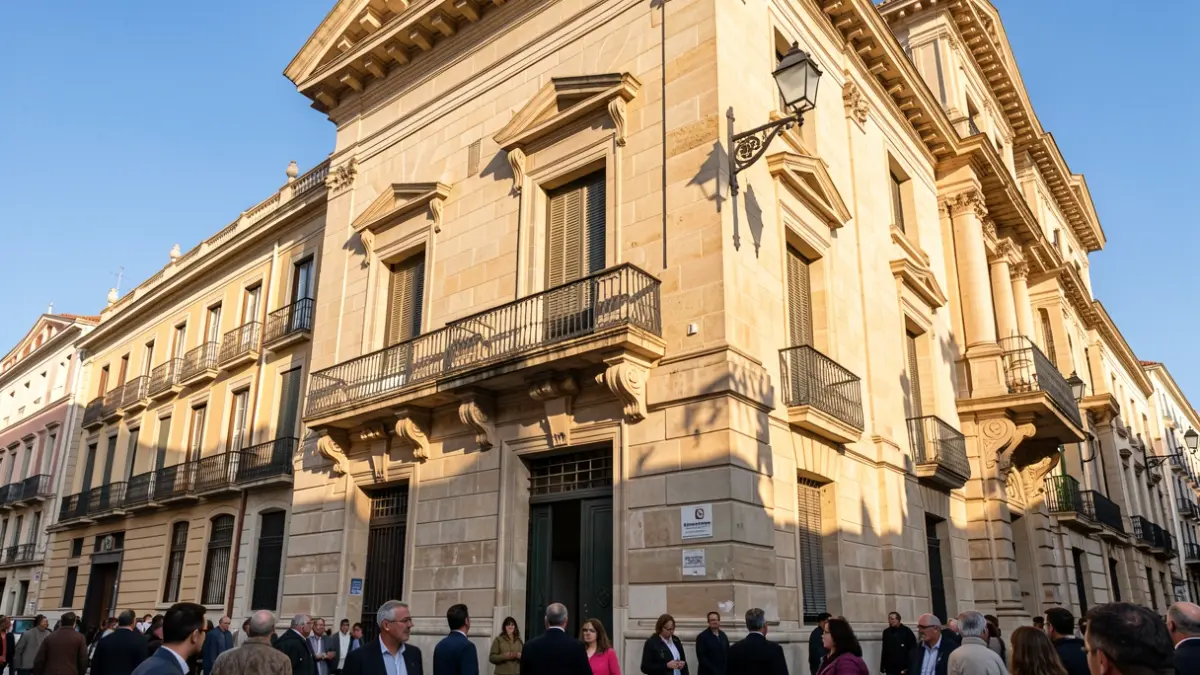 Facade of a town hall in the Community of Madrid with a balcony and iron railings, warm afternoon light.