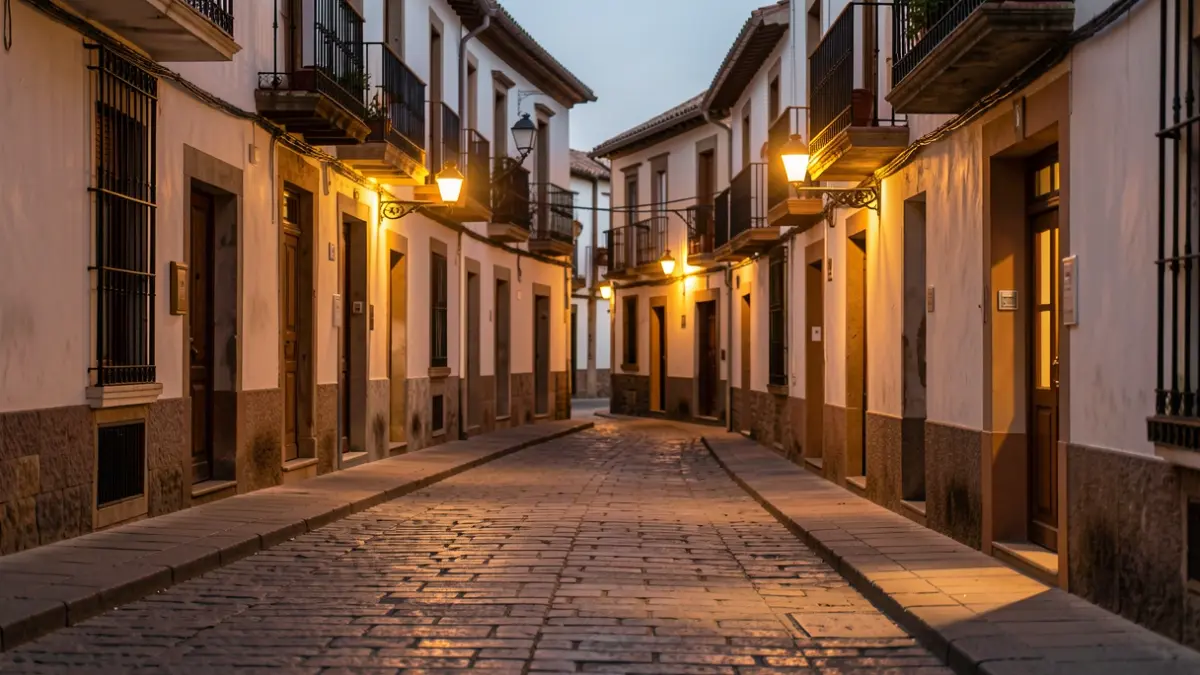 Historic street in Alcorcón at dusk, with warm lights and traditional architecture.