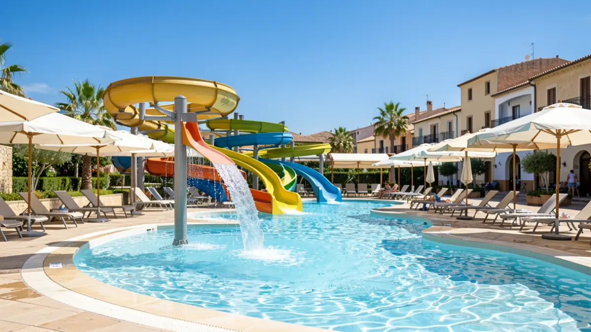 Generic image of a water park with fountains and shaded areas.