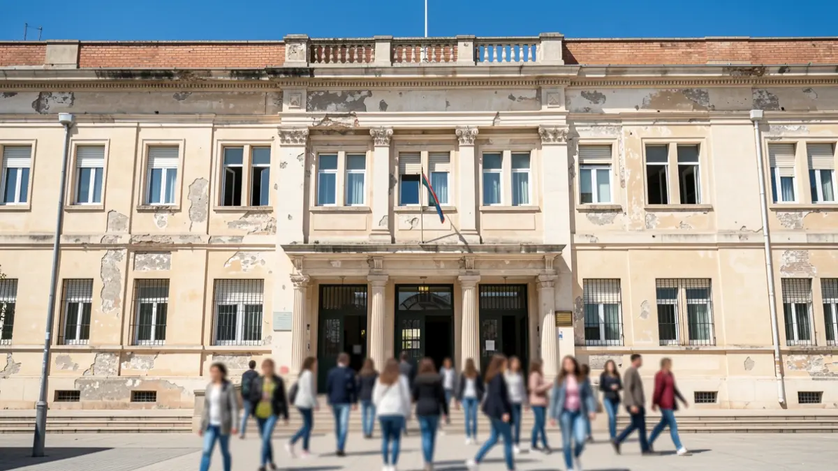 Facade of a public institute in Alcorcon with students in the background.