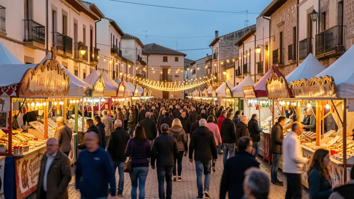 Imagen genérica de un recinto ferial de fiestas con casetas iluminadas y público.