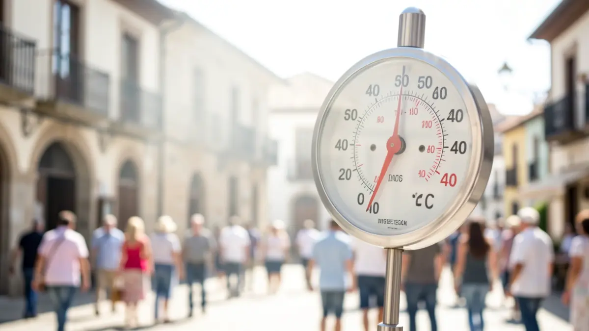 Termómetro marcando más de 40 grados en una plaza de Alcorcón con arquitectura tradicional.