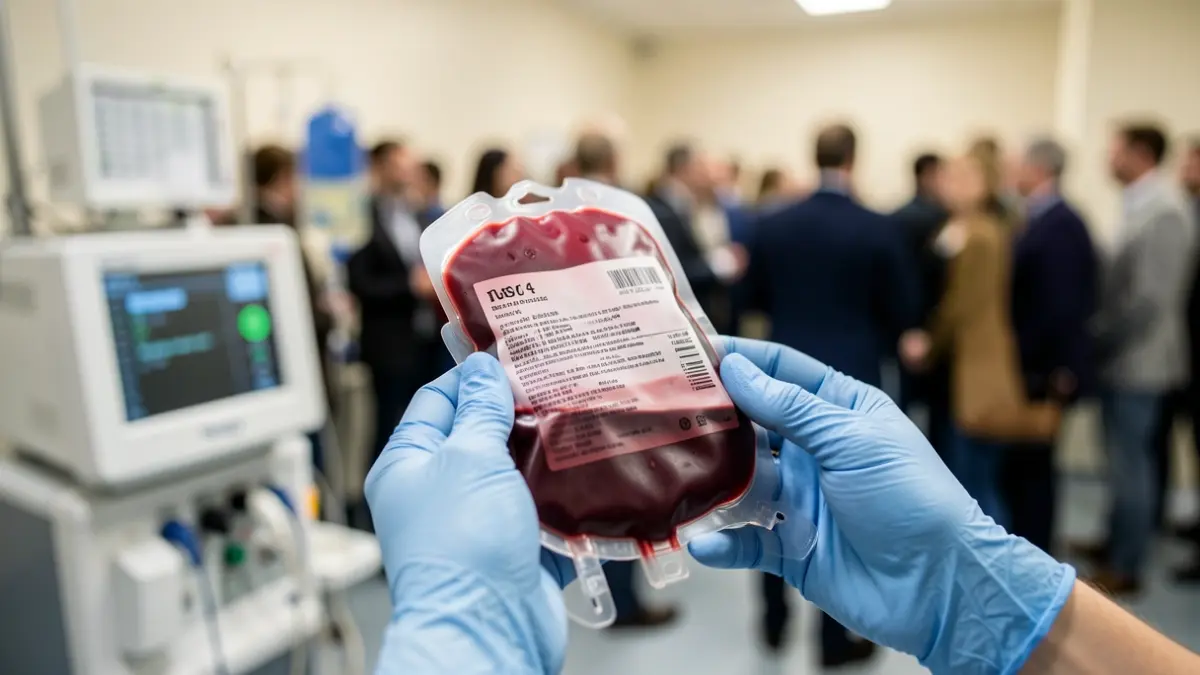 Bolsa de sangre en primer plano sostenida por manos enguantadas.