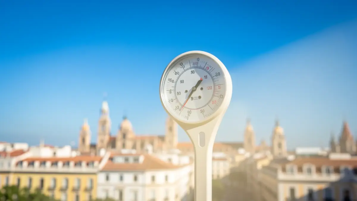 Thermometer showing high temperature with the Madrid skyline in the background.