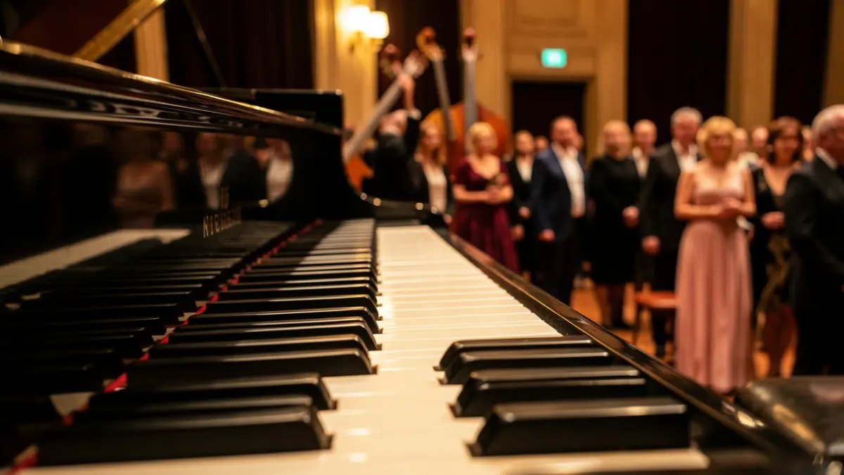 Grand piano keys with flamenco guitar strings in the background, warm stage lighting.