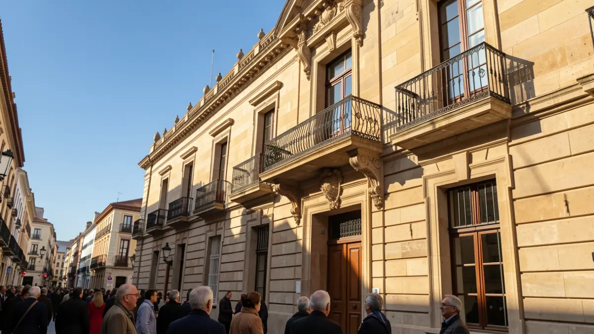 Fachada de un ayuntamiento de la Comunidad de Madrid con balcón y barandillas de hierro, luz de sol de la tarde.