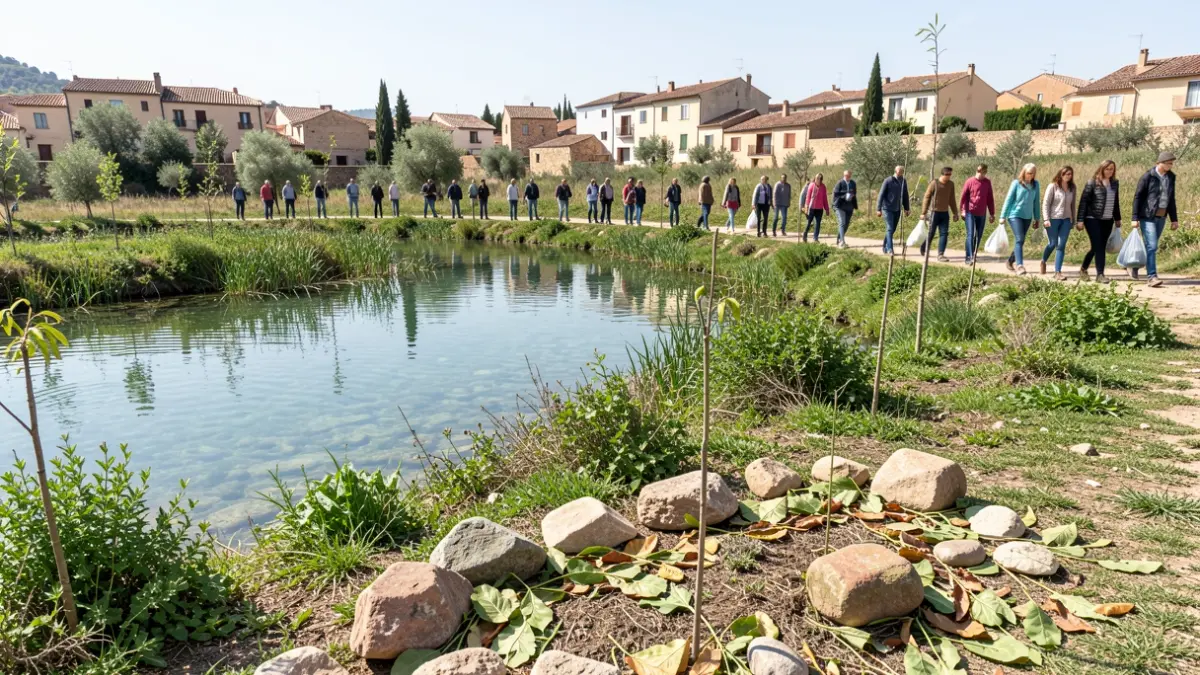 Imagen genérica de una laguna natural con vegetación, personas participando en actividades de cuidado ambiental y arte efímero.