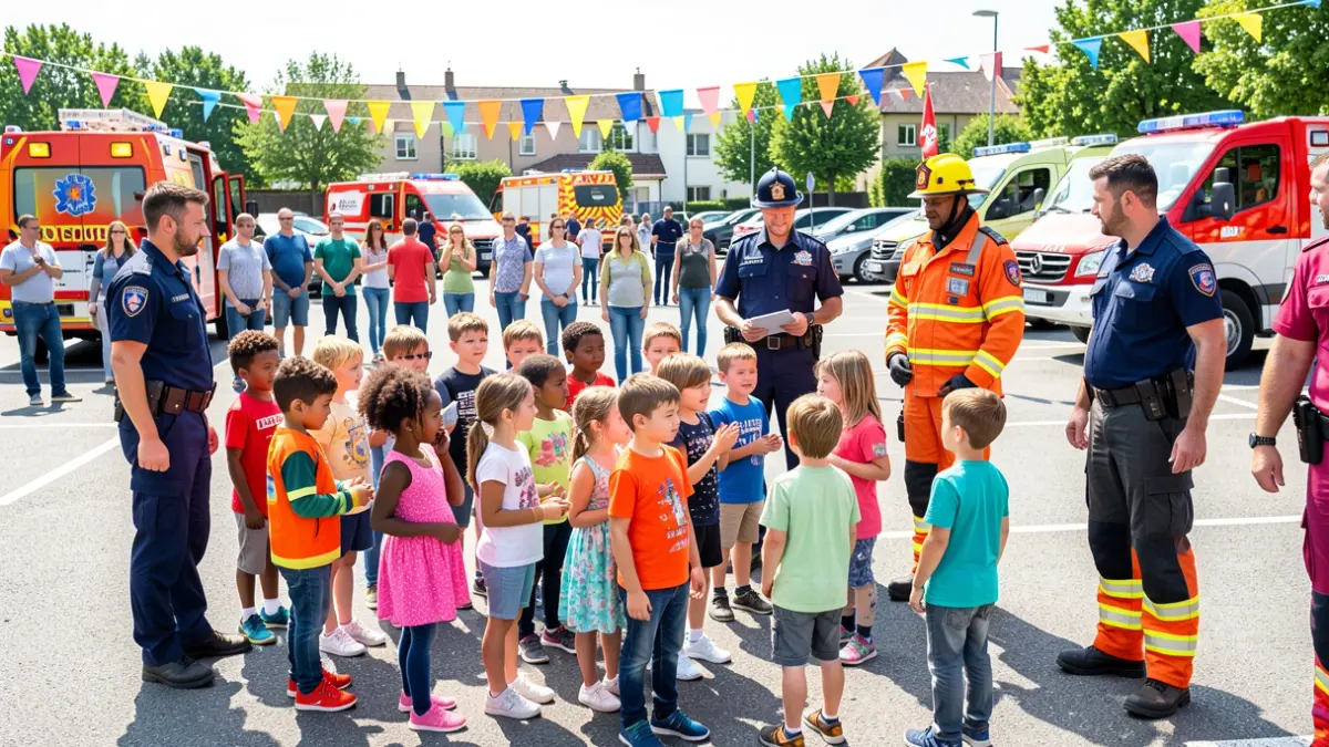 Imagen de niños interactuando con profesionales de emergencias en un evento educativo en Algete.
