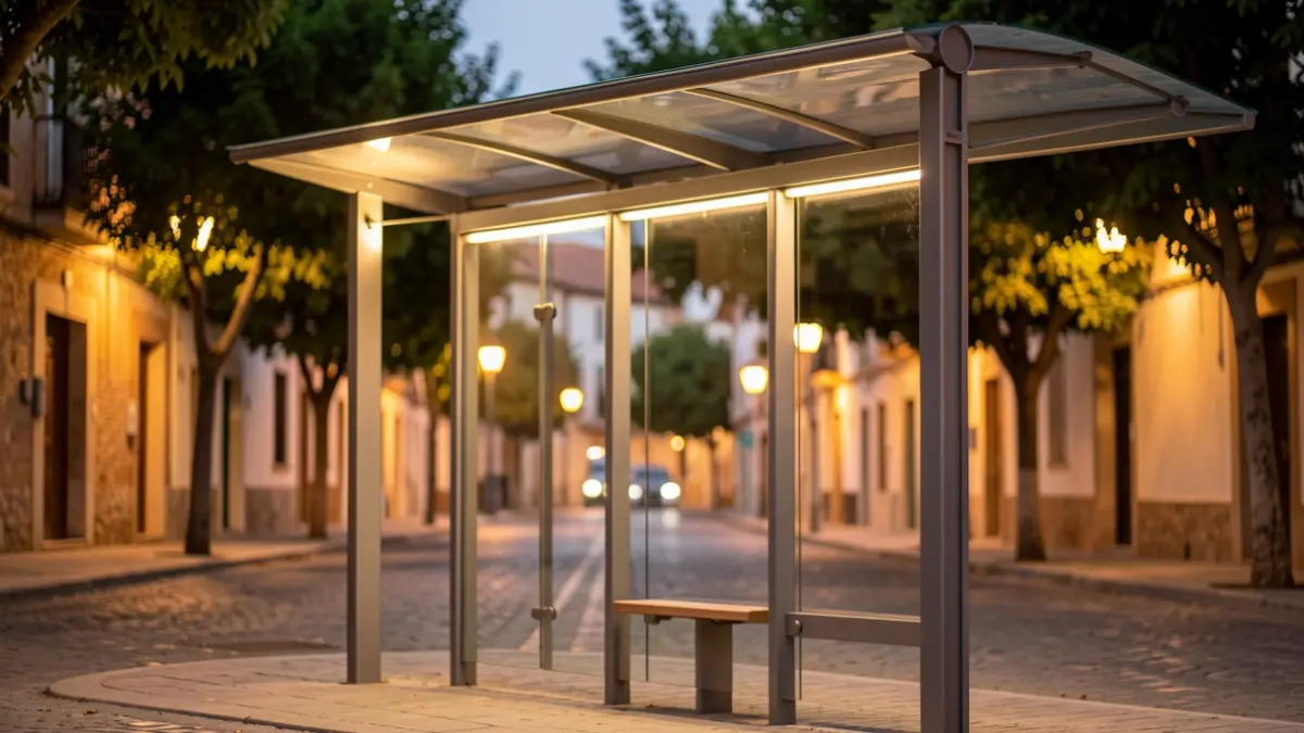 Modern bus stop shelter illuminated at dusk in Algete.