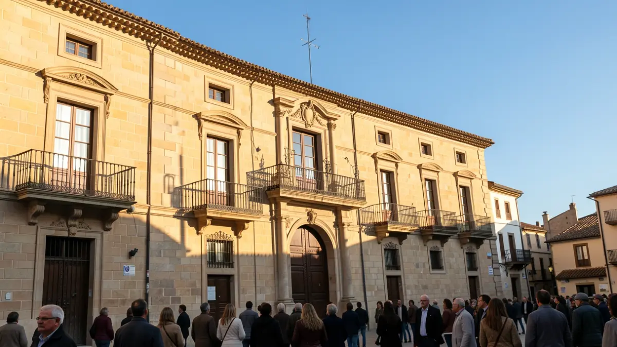 Fachada de un ayuntamiento tradicional español con balcones ornamentados y barandillas de hierro, bajo la luz cálida del sol de la tarde.