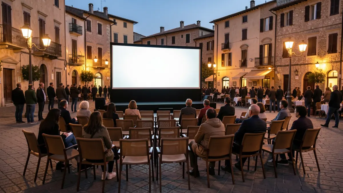 Outdoor summer cinema setup in a public square at dusk.