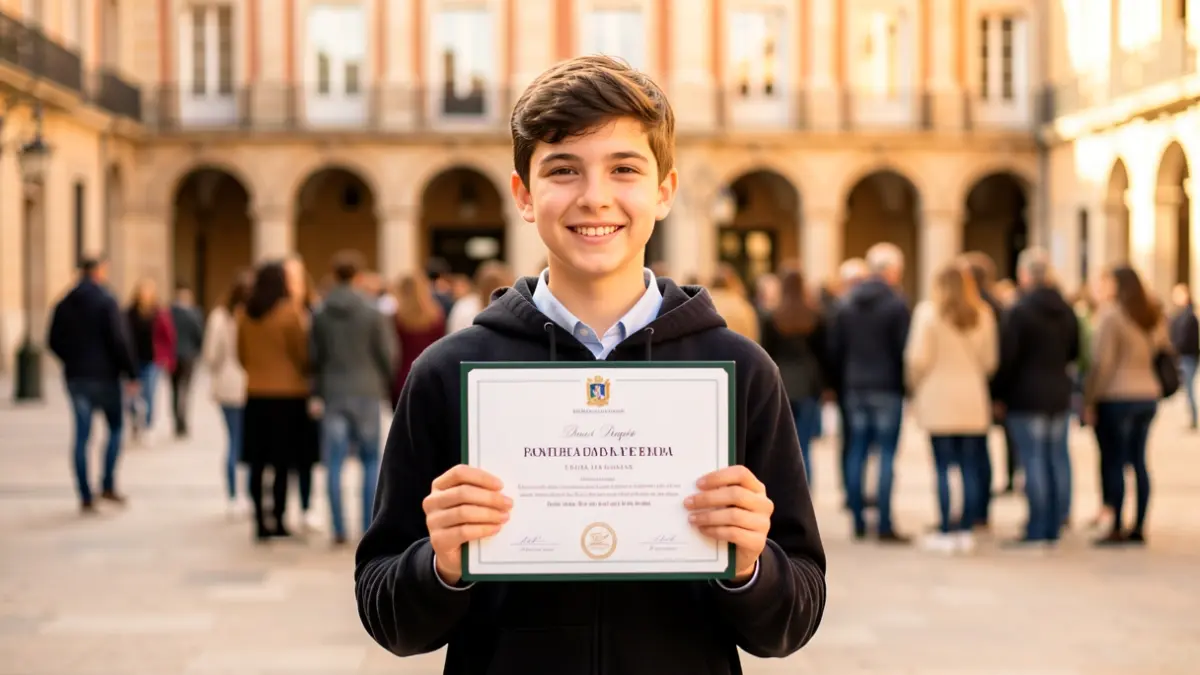 Imagen genérica de una estudiante celebrando un logro académico en Madrid.