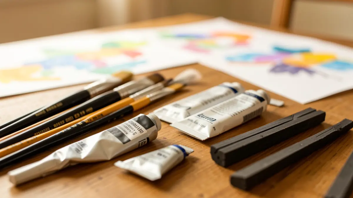 Close-up of art materials like paintbrushes, paint tubes, and charcoal sticks on a wooden table, with blurred student artwork in the background.