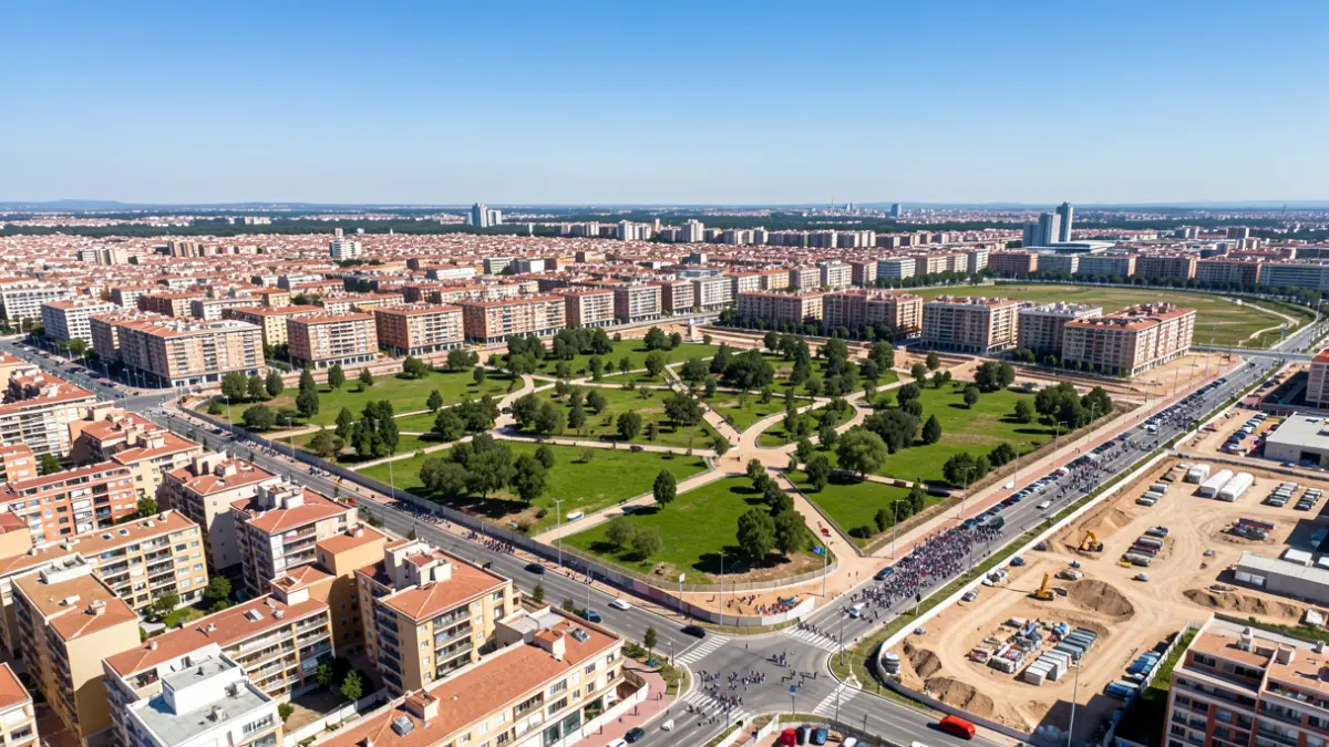 Aerial view of a large urban development area under construction in Madrid, featuring housing and green spaces.