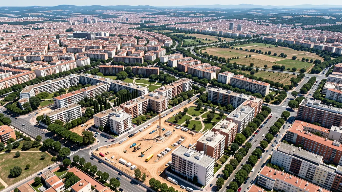 Vista aérea de una zona de desarrollo urbanístico en Madrid con viviendas y zonas verdes.