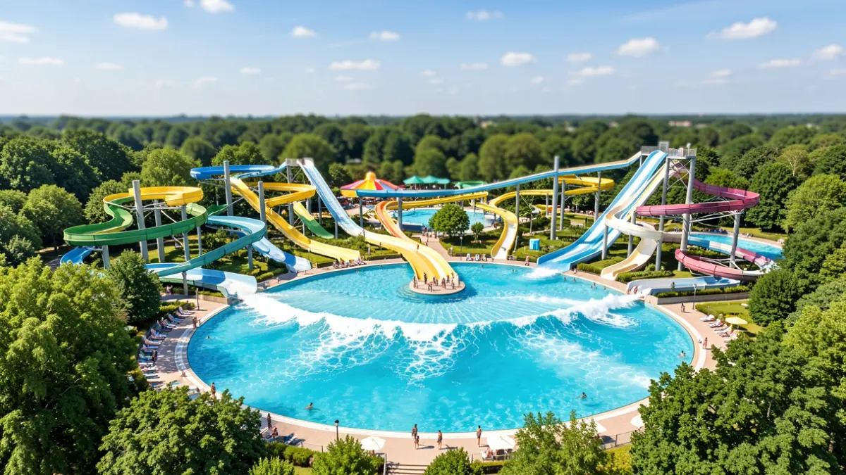 Aerial view of a water park with slides and a wave pool.
