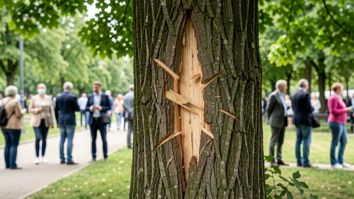 Close-up of tree bark damaged by machinery in the Alcornoques Park.