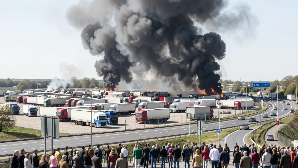 Image of a large fire involving trucks next to the M-408 highway in Parla.