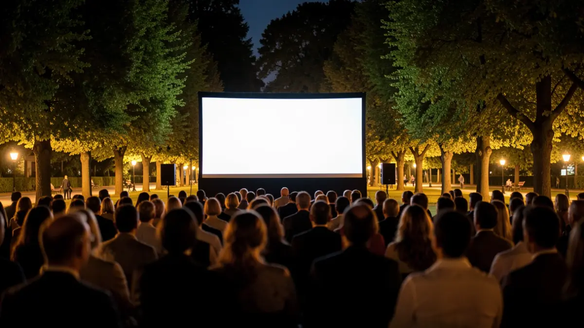 Outdoor summer cinema screen at night in a park.