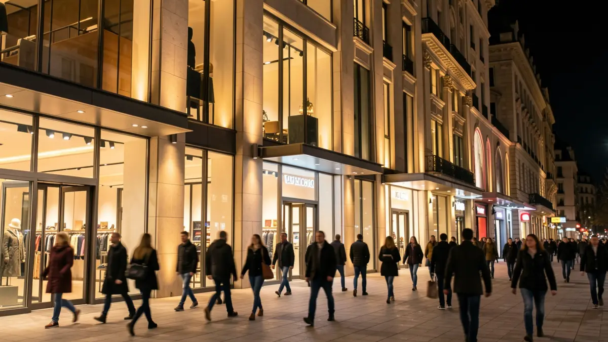 Imagen genérica de la entrada de un centro comercial moderno por la noche.