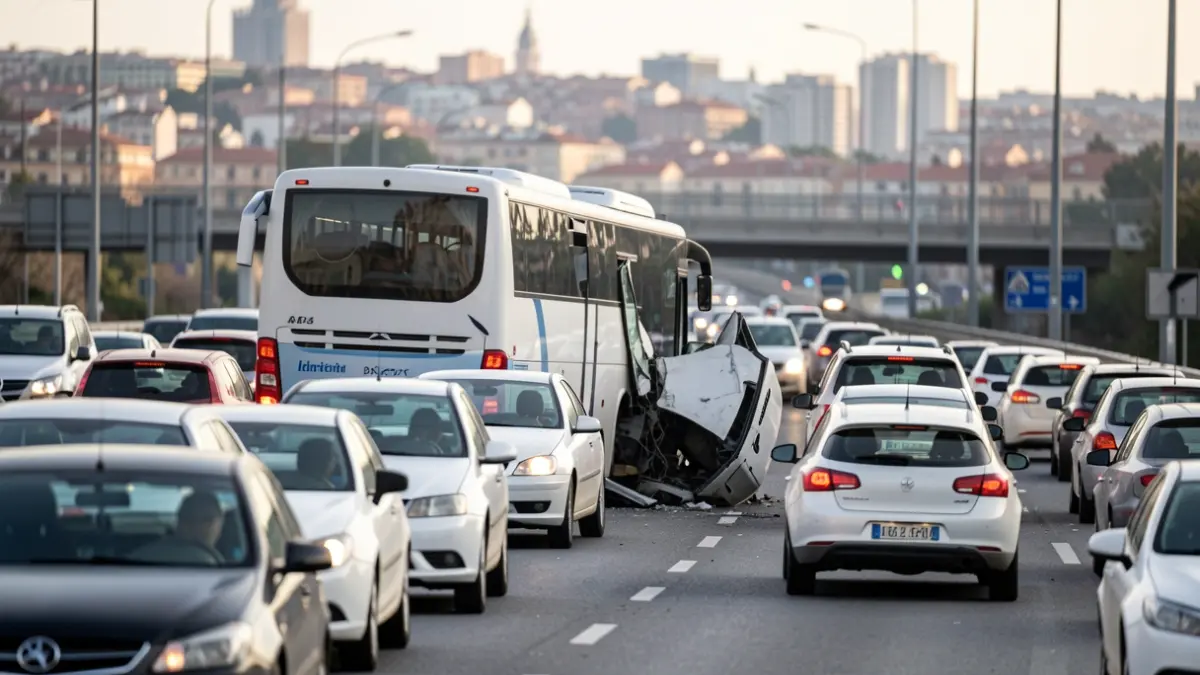 Image of a traffic jam on the A-6 with a broken-down bus near Madrid.