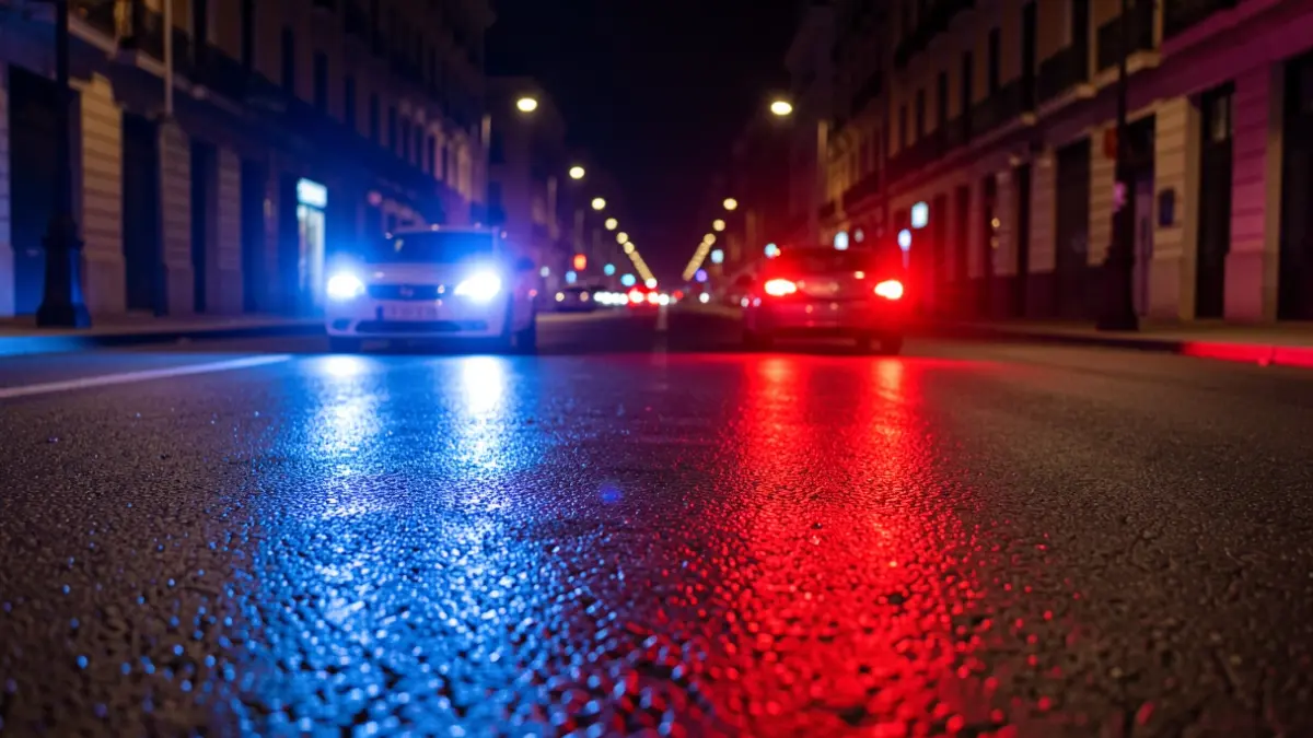 Imagen genérica de luces de emergencia policial reflejadas en el asfalto durante la noche.
