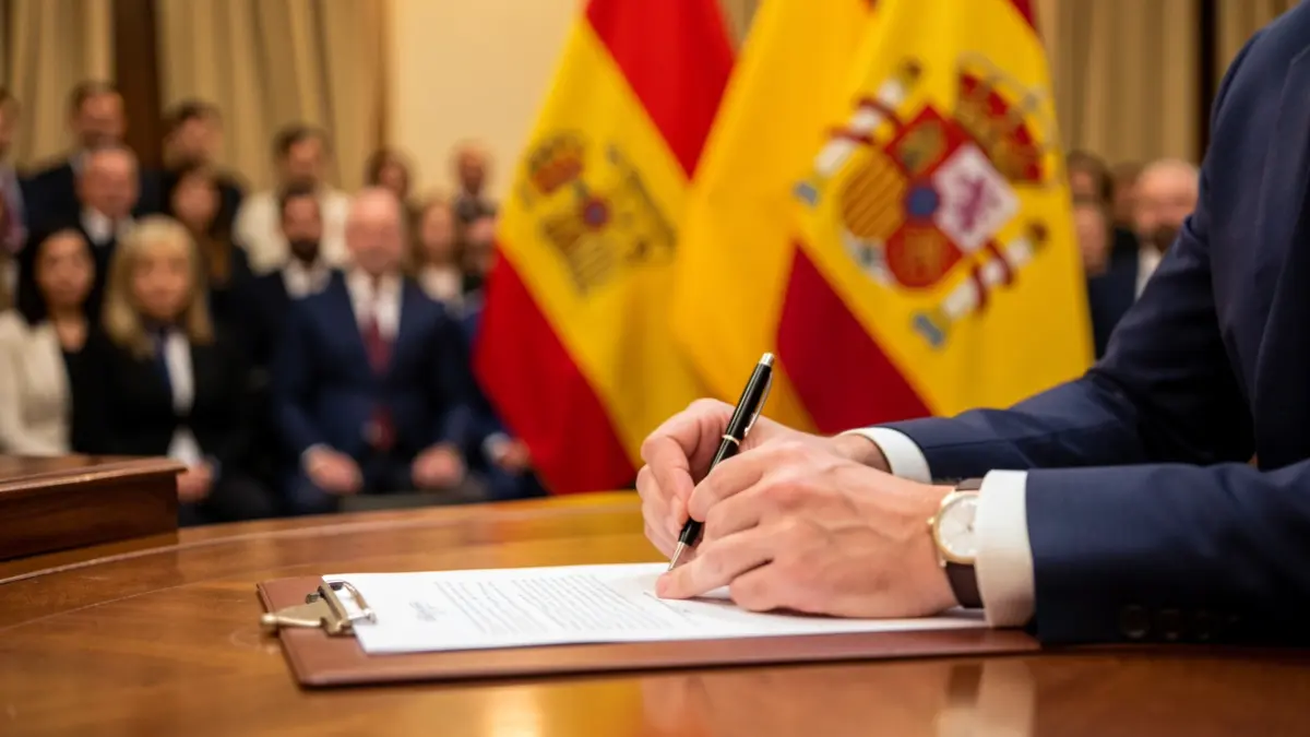 Manos de un funcionario firmando un documento oficial en la Comunidad de Madrid.