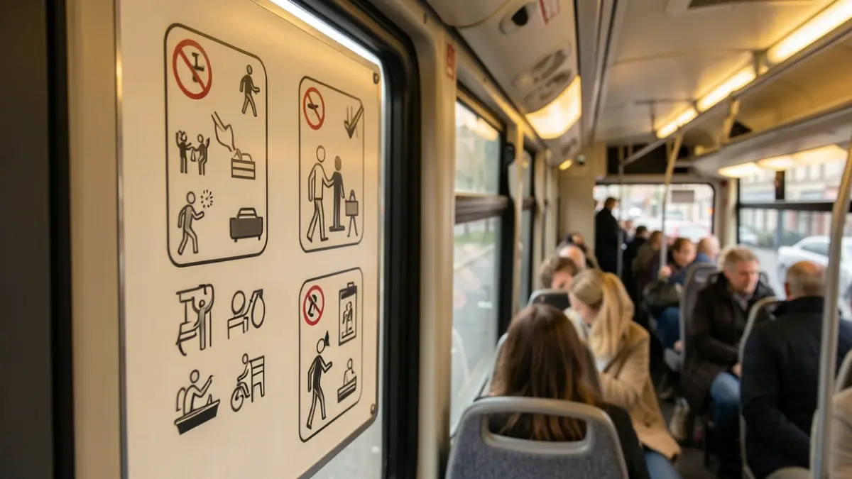 Pictogramas informativos en el interior de un autobús urbano de Fuenlabrada para personas con TEA.