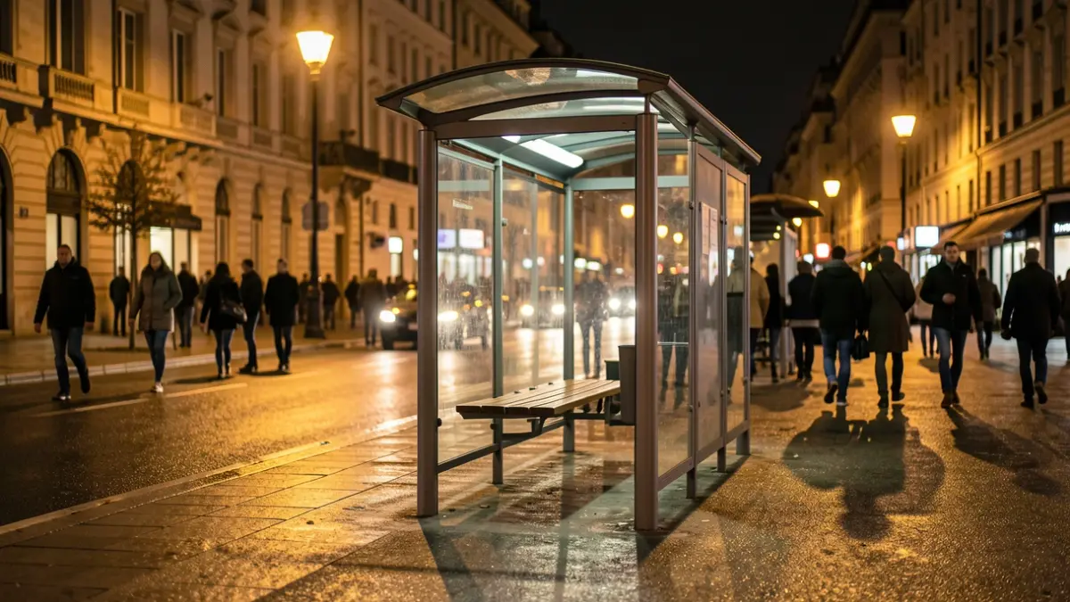 Generic image of a nighttime bus stop with warm lights and wet pavement.