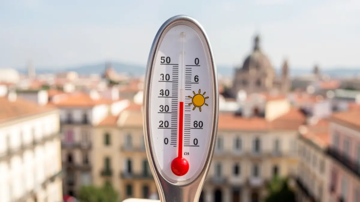 Imagen genérica de un termómetro marcando altas temperaturas con el sol, representando una ola de calor en Madrid.
