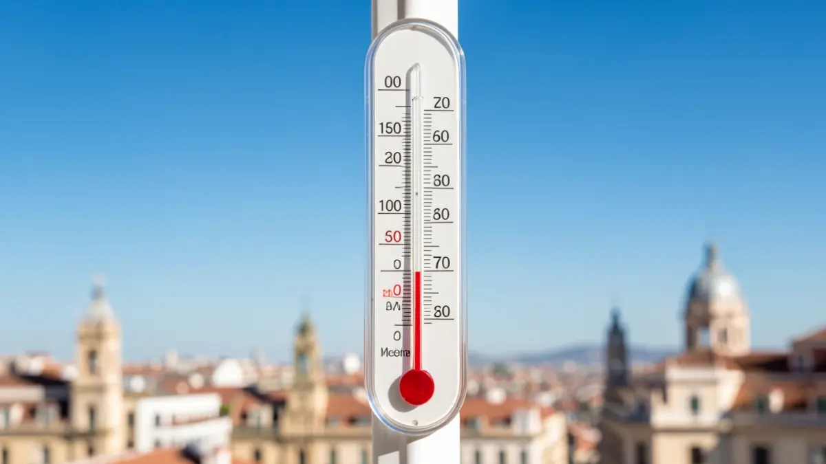 Thermometer showing high temperature with the Madrid sky in the background.