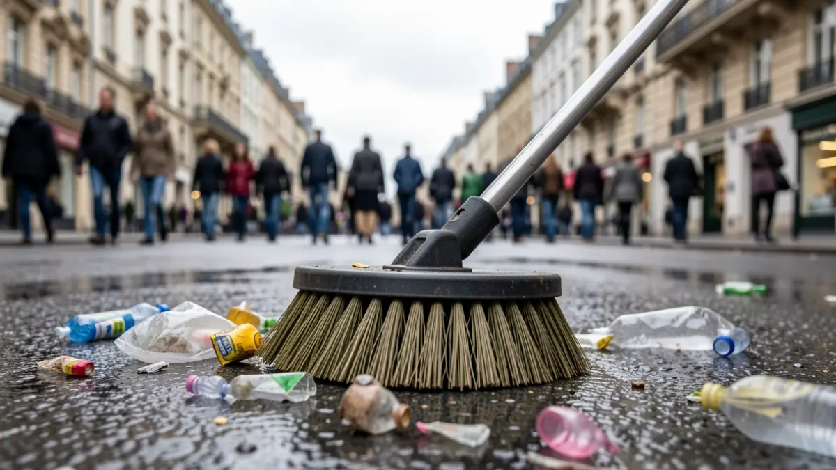 Primer plano de un cepillo de limpieza urbana con basura en el asfalto mojado.