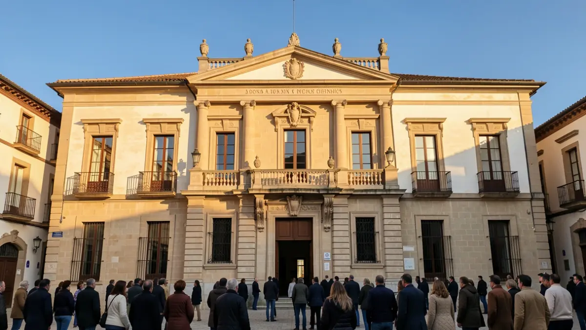 Fachada de un ayuntamiento de la Comunidad de Madrid con arquitectura clásica, luz cálida de tarde y cielo azul.