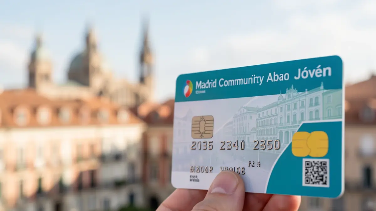 Tarjeta Abono Joven de la Comunidad de Madrid con el skyline de la ciudad y edificios universitarios desenfocados.