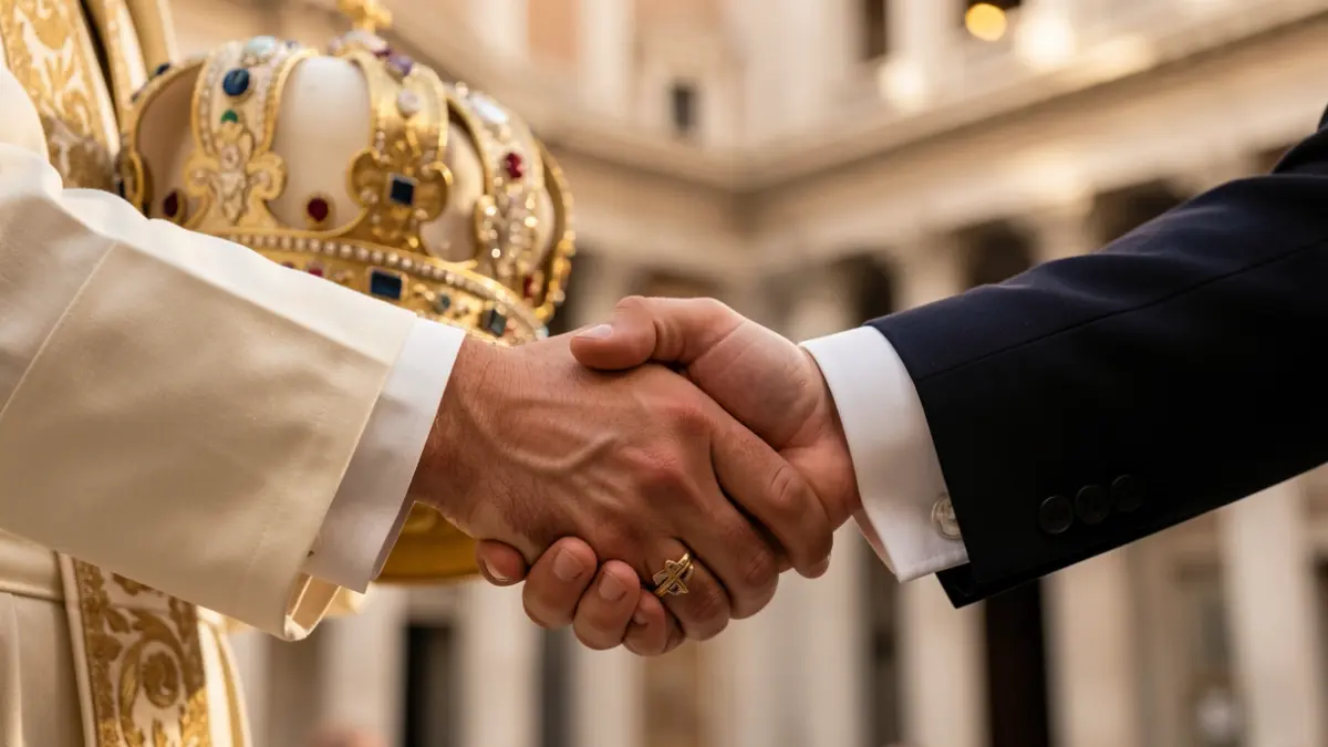 Close-up of a papal tiara and a formal handshake between two hands, one wearing a ring with a religious symbol and the other a formal cufflink, against a blurred background of ornate Vatican architecture.