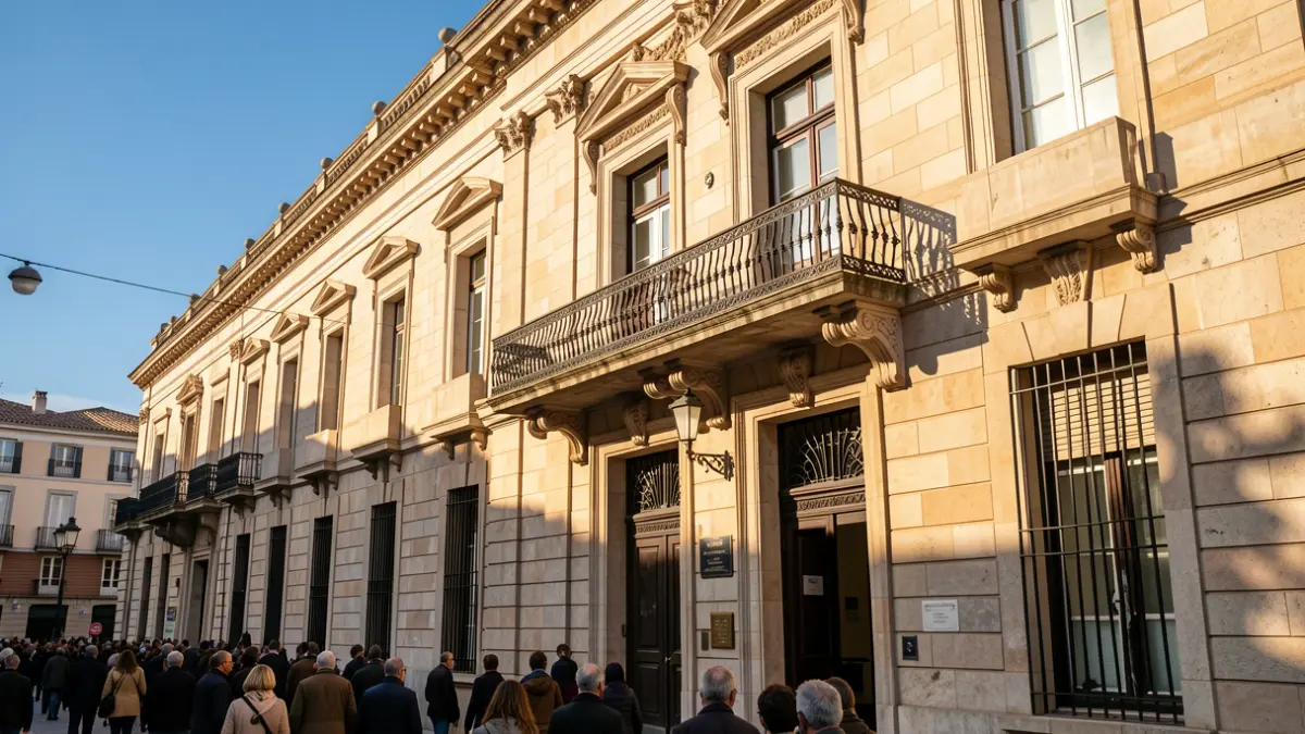 Fachada de un ayuntamiento de la Comunidad de Madrid con balcón y barandillas de hierro, luz cálida de la tarde.