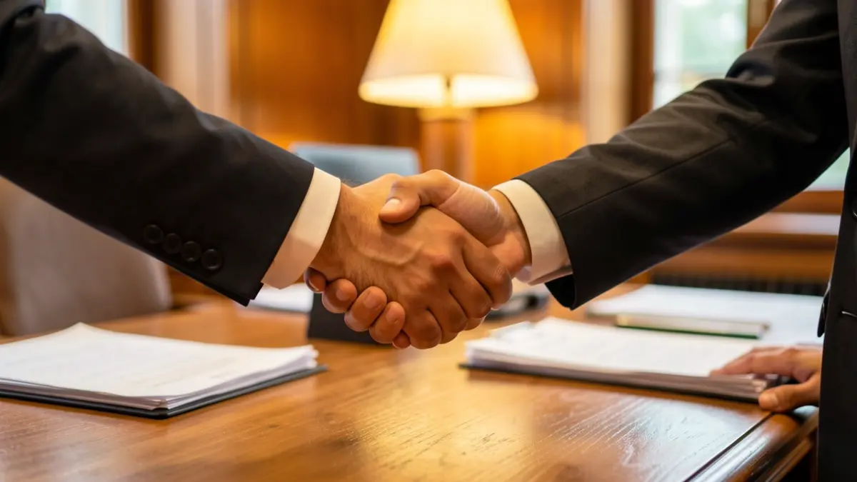 Generic image of two hands shaking over a desk, symbolizing official support.