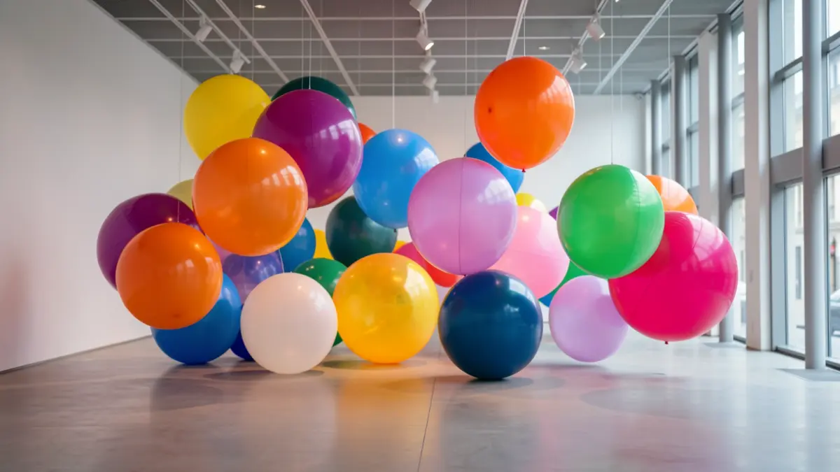Imagen genérica de una exposición de arte inmersiva con instalaciones inflables y luces coloridas.