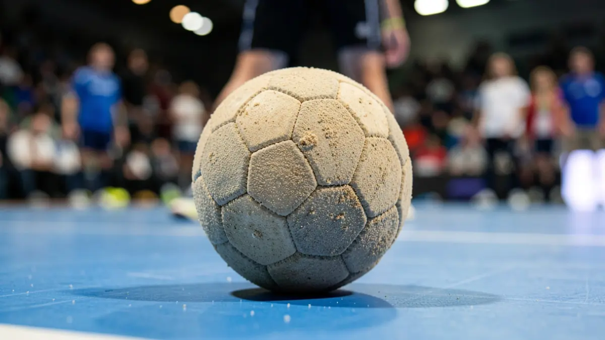 Pelota de balonmano playa sobre pista azul con fondo difuminado.