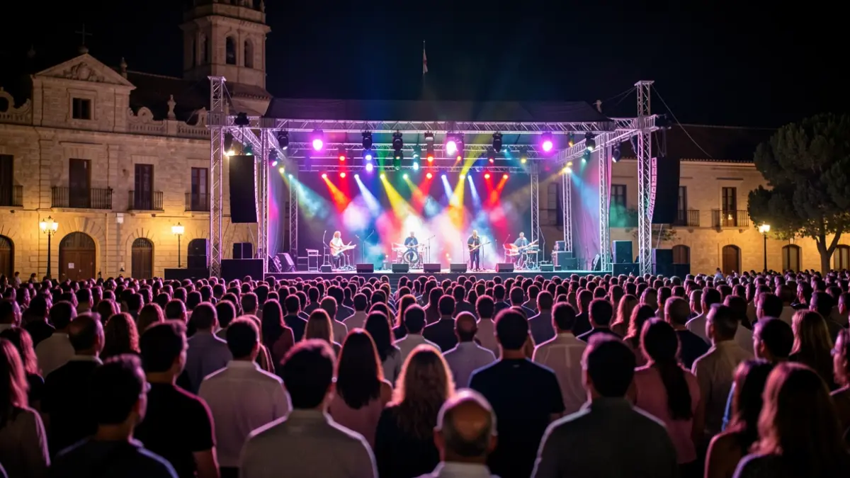 Escenario de concierto al aire libre en la Huerta del Obispo, Alcalá de Henares, con luces de colores y público difuminado.