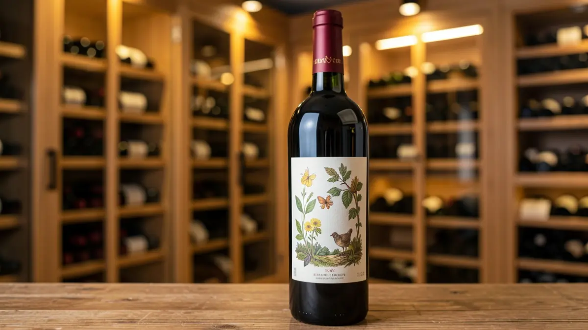 Botella de vino de Bodegas Carrascas con etiqueta inspirada en la naturaleza, sobre una superficie de madera y fondo de bodega.