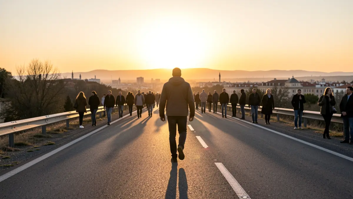 Generic image of a person walking on a road at sunset in the Community of Madrid.