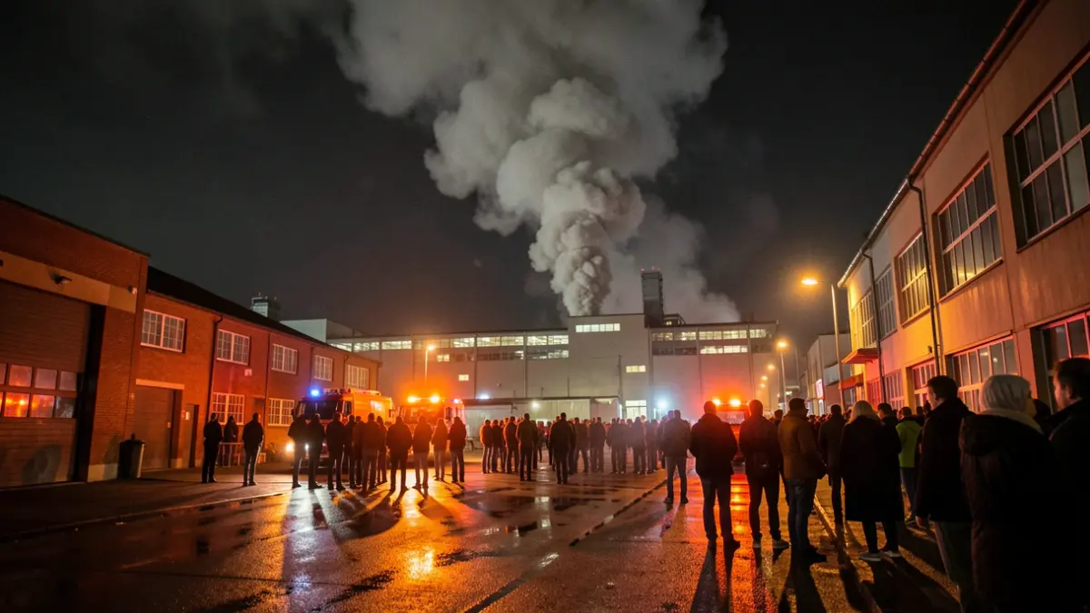 Generic image of a column of smoke over industrial buildings at night.